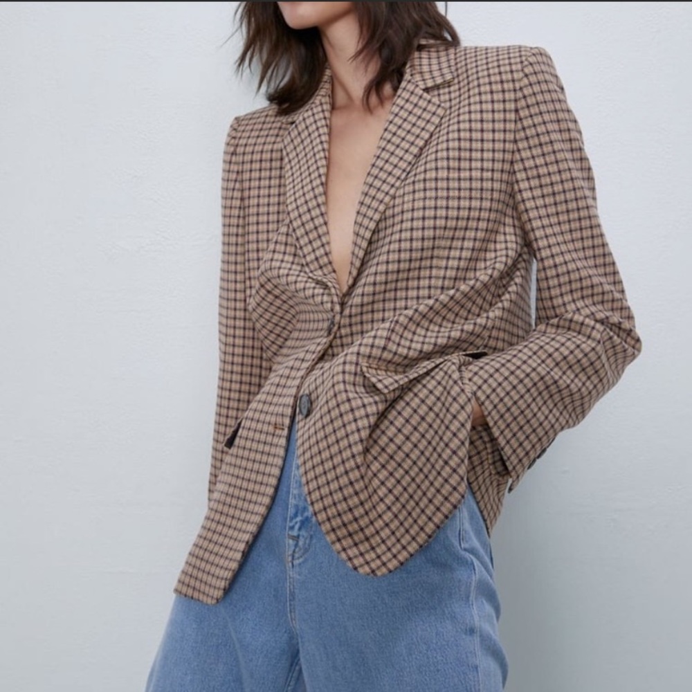 ZARA plaid oversized blazer brown black size large